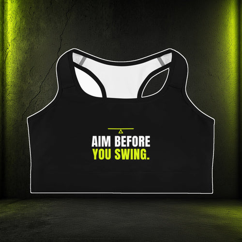 Aim Before You Swing Sports Bra — front on gym concrete