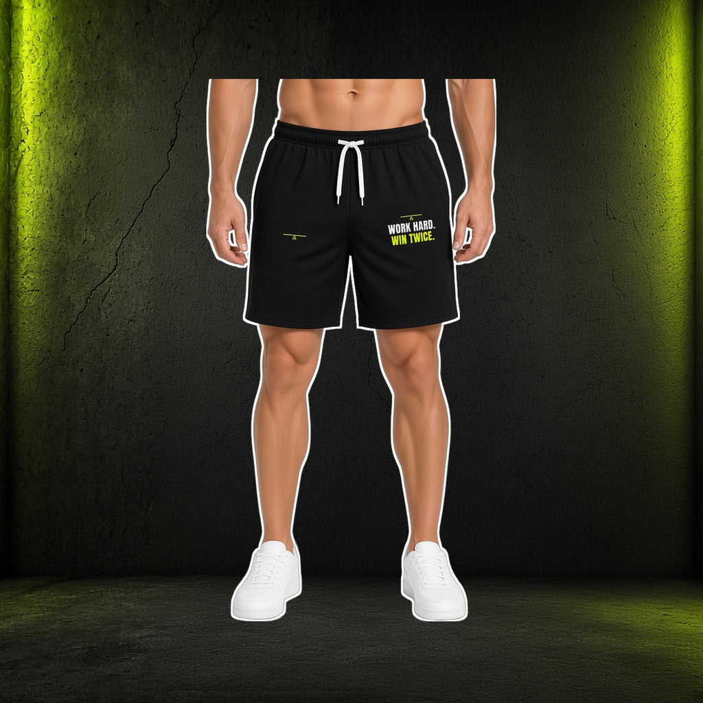 Work Hard Win Twice Men's Long Shorts - front on gym concrete